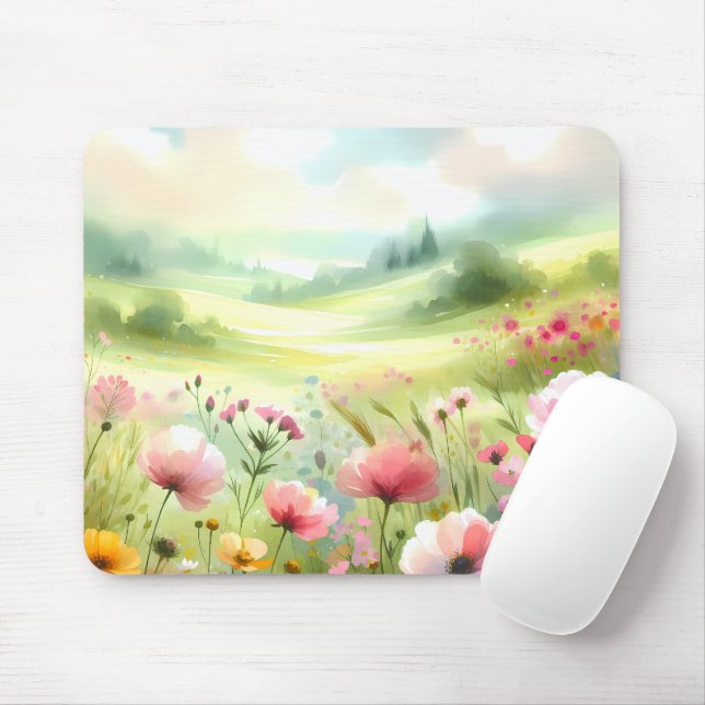 Pastel Wildflower Meadow Landscape Mouse Pad (With Mouse)