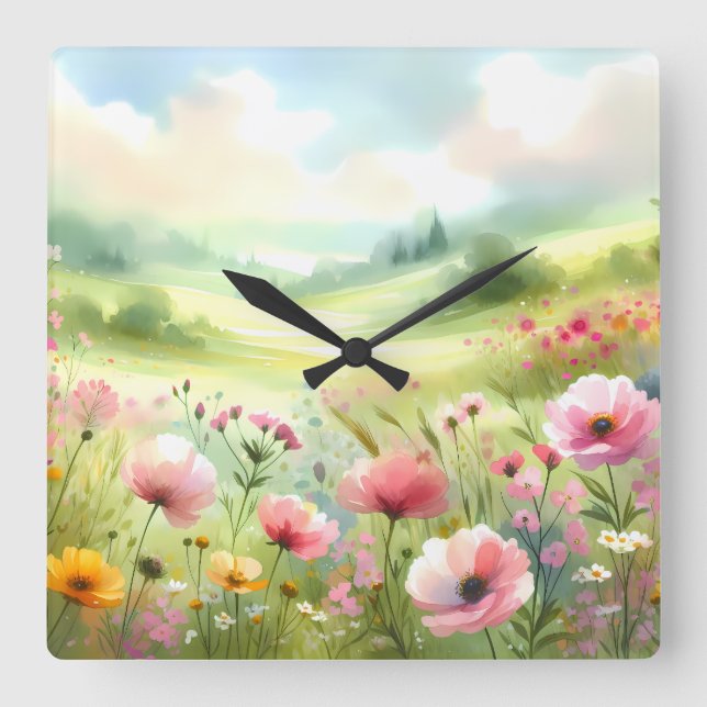 Pastel Wildflower Meadow Landscape Square Wall Clock (Front)