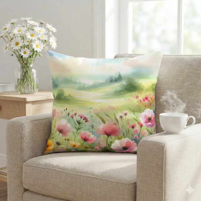 Pastel Wildflower Meadow Landscape Throw Pillow (Pastel Wildflower Meadow Landscape Throw Pillow Mockup A)