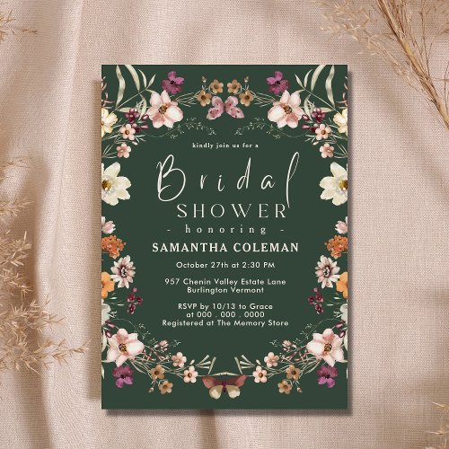 Pastel Wildflower Modern Dark Green Bridal Shower Invitation