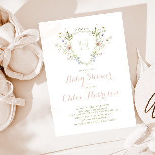 Pastel Wildflower Monogram Crest Baby Shower Invitation