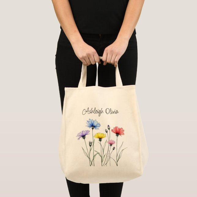 Pastel Wildflower Pencil Sketch-Style Grocery Tote Bag (Front (Product))