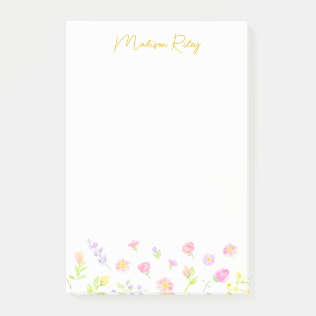 Pastel Wildflower Personalized Gold Post-It Notes (Front)