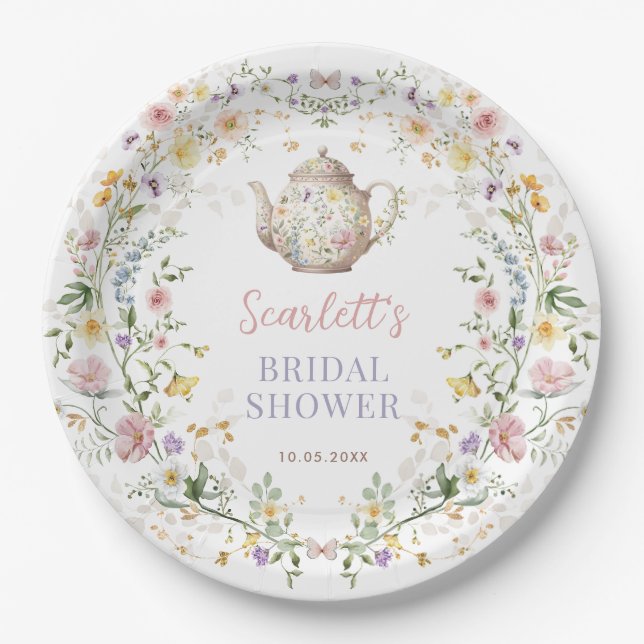 Pastel Wildflower Time for Tea Bridal Shower Paper Plates (Front)