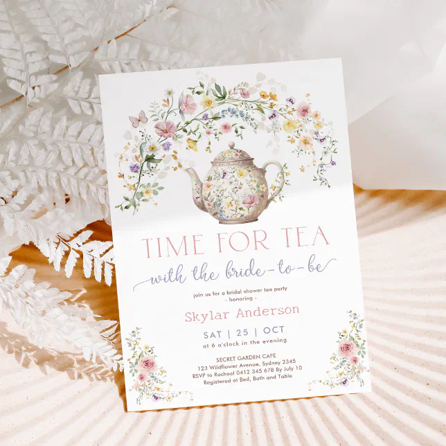 Pastel Wildflower Time for Tea Bridal Shower Party Invitation | Zazzle