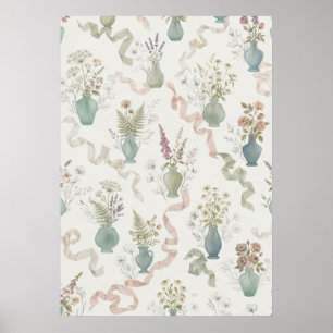 Pastel Wildflower Vases Flowing Ribbon Pattern Poster