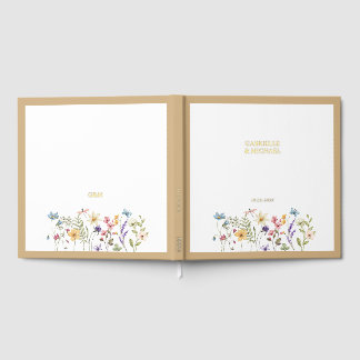 Pastel Wildflower Wedding Beige Border Foil Guest Book