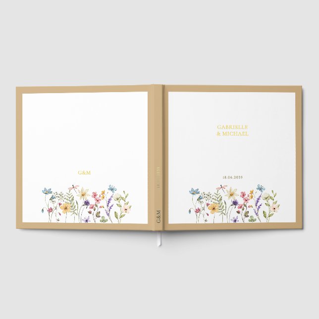 Pastel Wildflower Wedding Beige Border Foil Guest Book (Full)