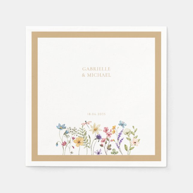 Pastel Wildflower Wedding Beige Border Napkins (Front)