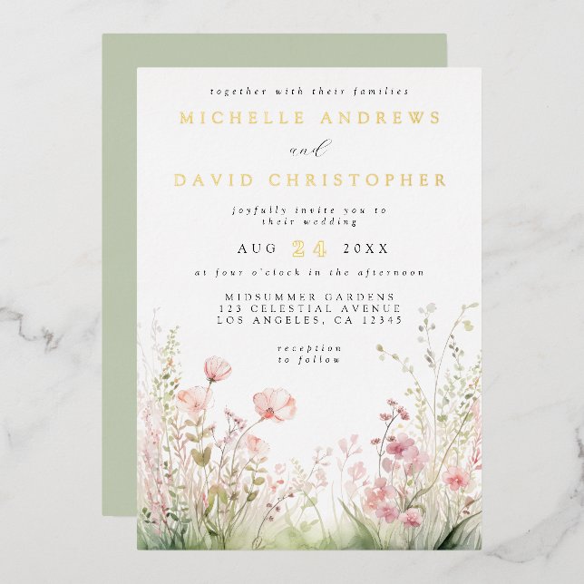 Pastel Wildflower Wedding Foil Invitation (Front/Back)