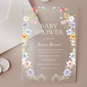 Pastel Wildflower Wreath Modern Baby Shower Acrylic Invitations