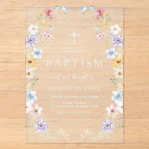 Pastel Wildflower Wreath Modern Baptism Acrylic Invitations