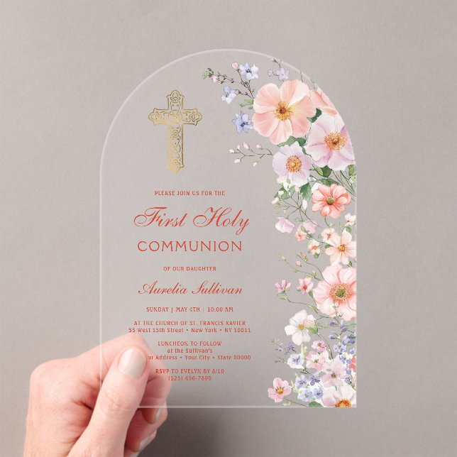 Pastel Wildflowers Arch First Communion Acrylic Invitations (Insitu (Handheld))