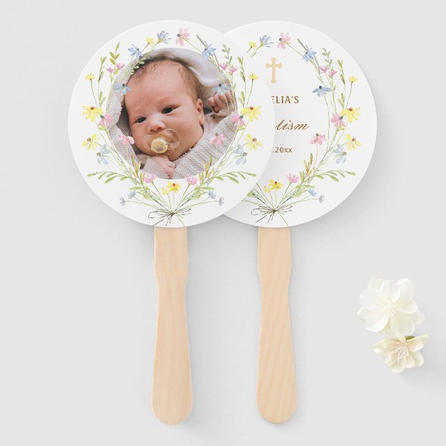 Pastel Wildflowers Baptism Hand Fan (Front and Back)