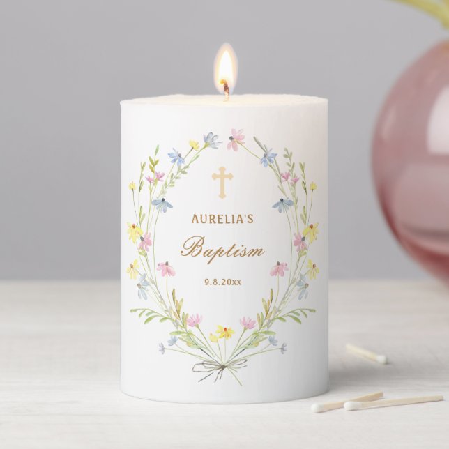 Pastel Wildflowers Baptism Pillar Candle (In Situ)