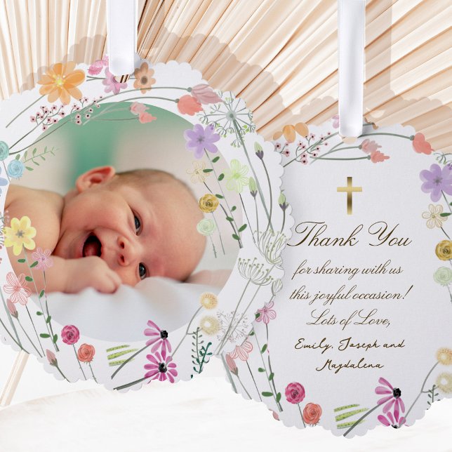 pastel wildflowers Baptism thank you  Ornament Card (Creator Uploaded)