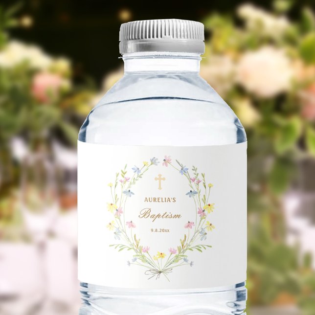 Pastel Wildflowers Baptism Water Bottle Label (Creator Uploaded)