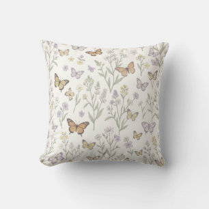 Pastel Wildflowers Butterflies Meadow Botanical Throw Pillow