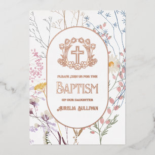Pastel Wildflowers Floral Cross Baptism Foil Invitation