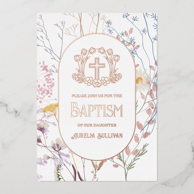 Pastel Wildflowers Floral Cross Baptism Foil Invitation (Front)