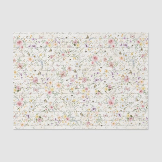 Pastel Wildflowers Handwriting Script Decoupage Tissue Paper (Front)