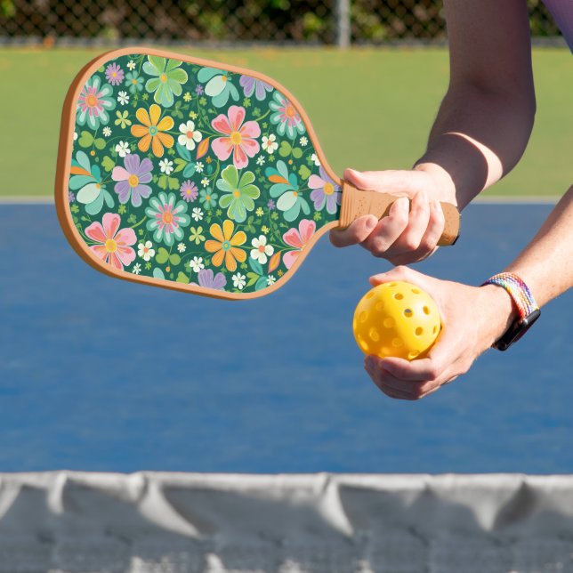 Pastel Wildflowers In Pink Purple Orange And Green Carbon Fiber Pickleball Paddle (Insitu)