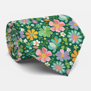 Pastel Wildflowers In Pink Purple Orange And Green Neck Tie