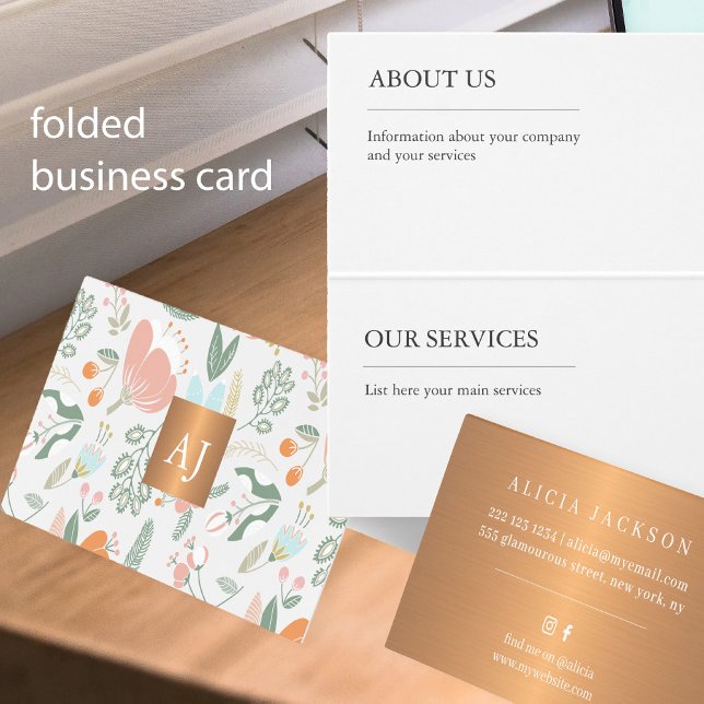 Pastel wildflowers with metallic copper monogram business card (Creator Uploaded)