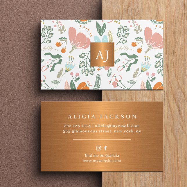 Pastel wildflowers with metallic copper monogram business card (Creator Uploaded)