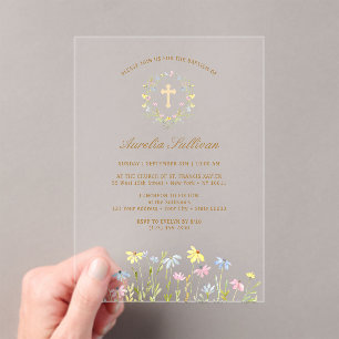 Pastel Wildflowers Wreath Baptism Acrylic Invitations