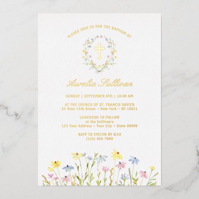 Pastel Wildflowers Wreath Baptism Foil Invitation (Front)