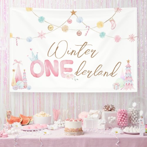 Pastel Winter Onederland First Birthday Party Banner