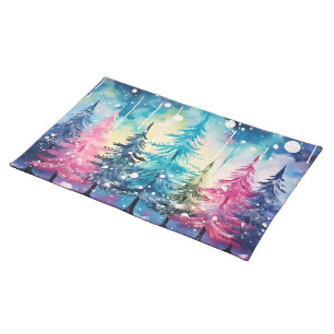 Pastel Winter Snowfall Trees Fabric Placemats