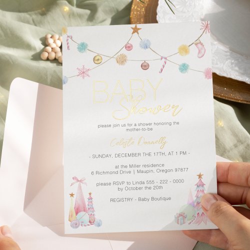 Pastel Winter Wonderland Baby Shower Foil Invitation