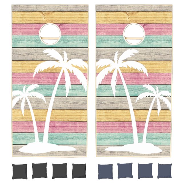 Pastel Wood Planks and Palm Trees Pretty Beach Cornhole Set (Set)
