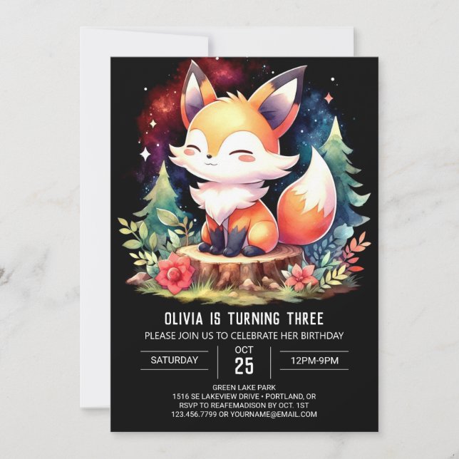  Pastel Woodland Fox Birthday digital Invitation (Front)