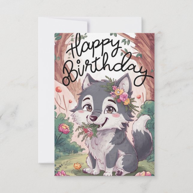 Pastel Woods Wolf Digital Birthday Card (Front)