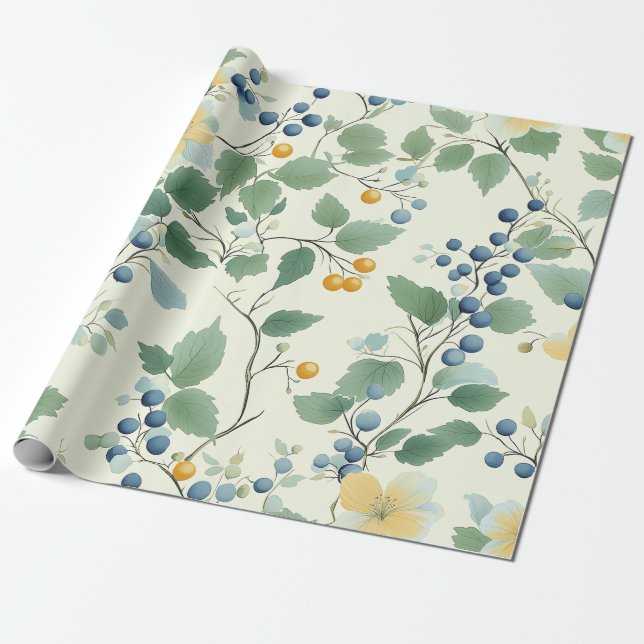 Pastel Yellow and Green Botanical Vine Pattern Wrapping Paper (Unrolled)