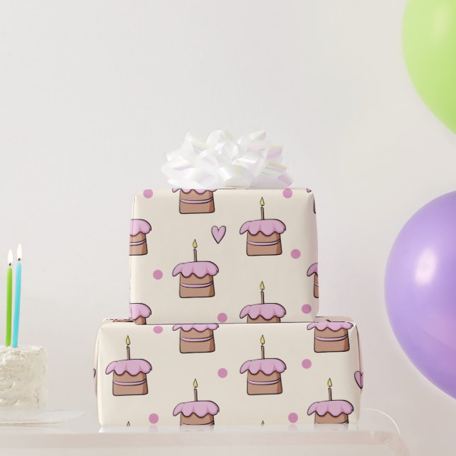 Pastel yellow and pink cake and hearts birthday wrapping paper (Party Gifts)