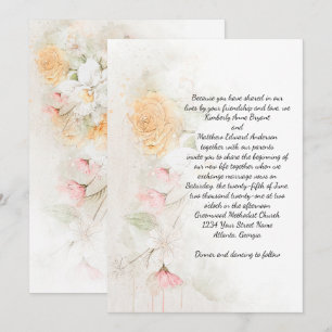 Pastel Yellow and Pink Roses Greenery Wedding Invitation