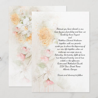 Pastel Yellow and Pink Roses Greenery Wedding Invitation