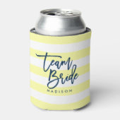Pastel Yellow and White Stripes Blue Team Bride Can Cooler (Can Front)