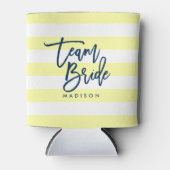 Pastel Yellow and White Stripes Blue Team Bride Can Cooler (Front)