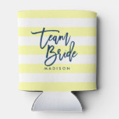 Pastel Yellow and White Stripes Blue Team Bride Can Cooler (Back)