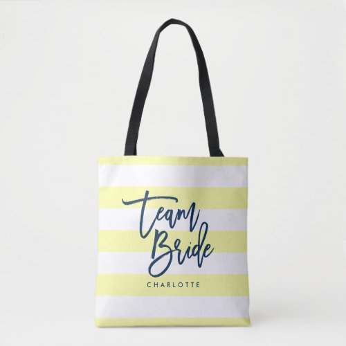 Pastel Yellow and White Stripes Blue Team Bride Tote Bag