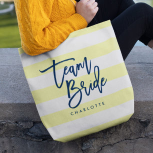 Pastel Yellow and White Stripes Blue Team Bride Tote Bag