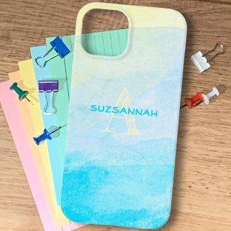 Pastel Yellow Blue Watercolor Monogram Name Custom