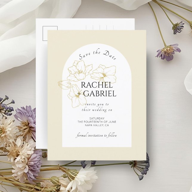 Pastel Yellow | Boho Arch Gold Floral Wedding  Postcard (Creator Uploaded)