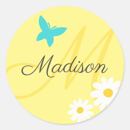 Pastel Yellow Butterfly Daisy Cute Custom Name Classic Round Sticker