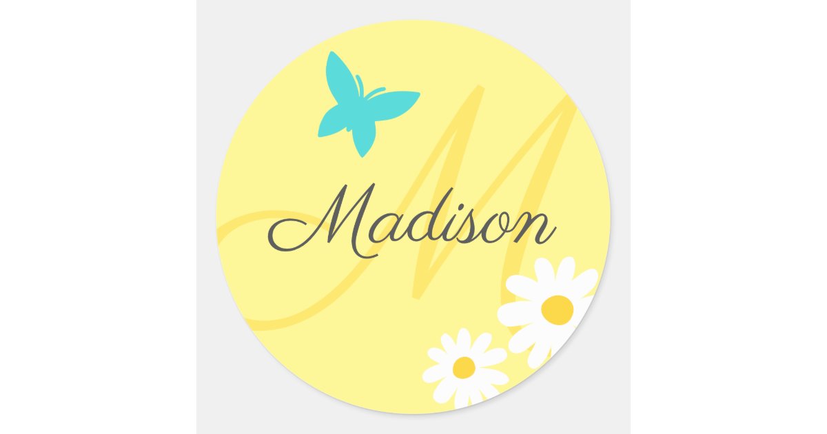 Pastel Yellow Butterfly Daisy Cute Custom Name Classic Round Sticker |  Zazzle